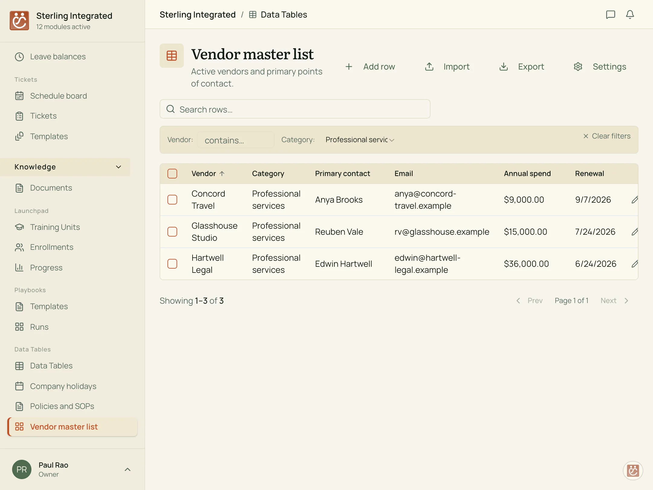 Data Tables — the Vendor master list, filtered by category and ready to act on.