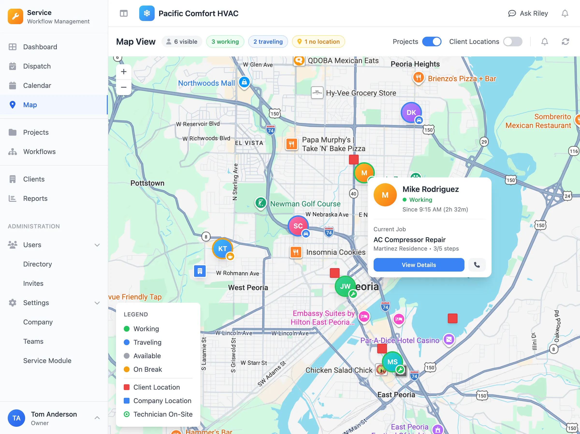 Live Map view showing technicians working across a service area with job cards.
