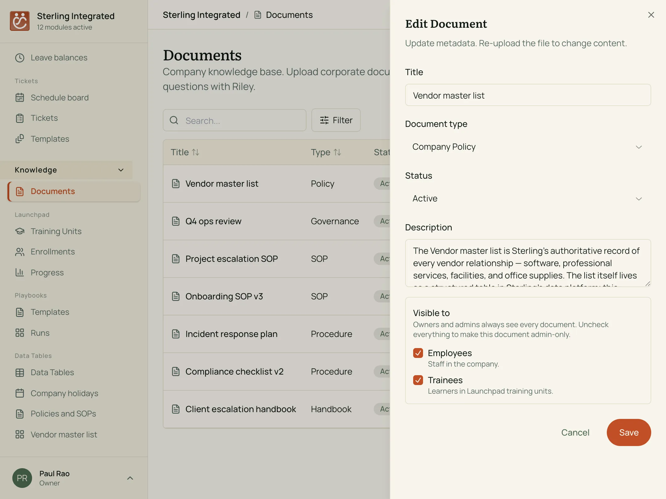Documents — editing the Vendor master list policy in the company knowledge base.
