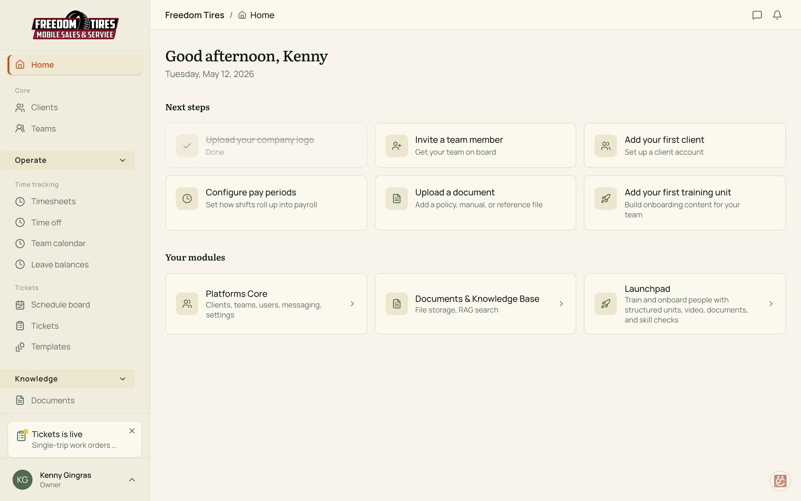 Freedom Tires admin dashboard, with Next Steps setup checklist and a grid of enabled Platforms modules.