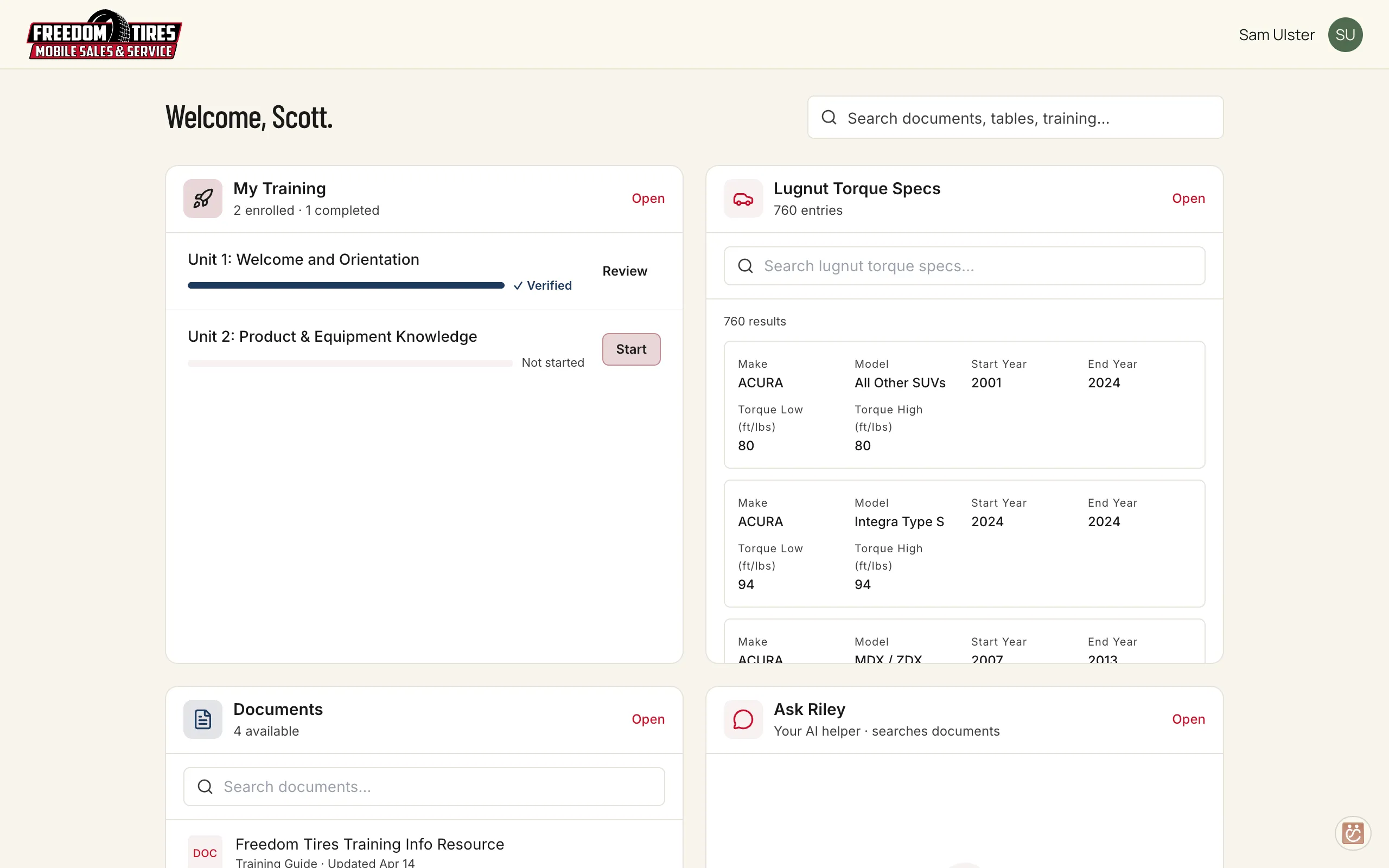 Freedom Tires franchisee portal view with training units, lugnut torque specs data table, documents, and an Ask Riley panel.