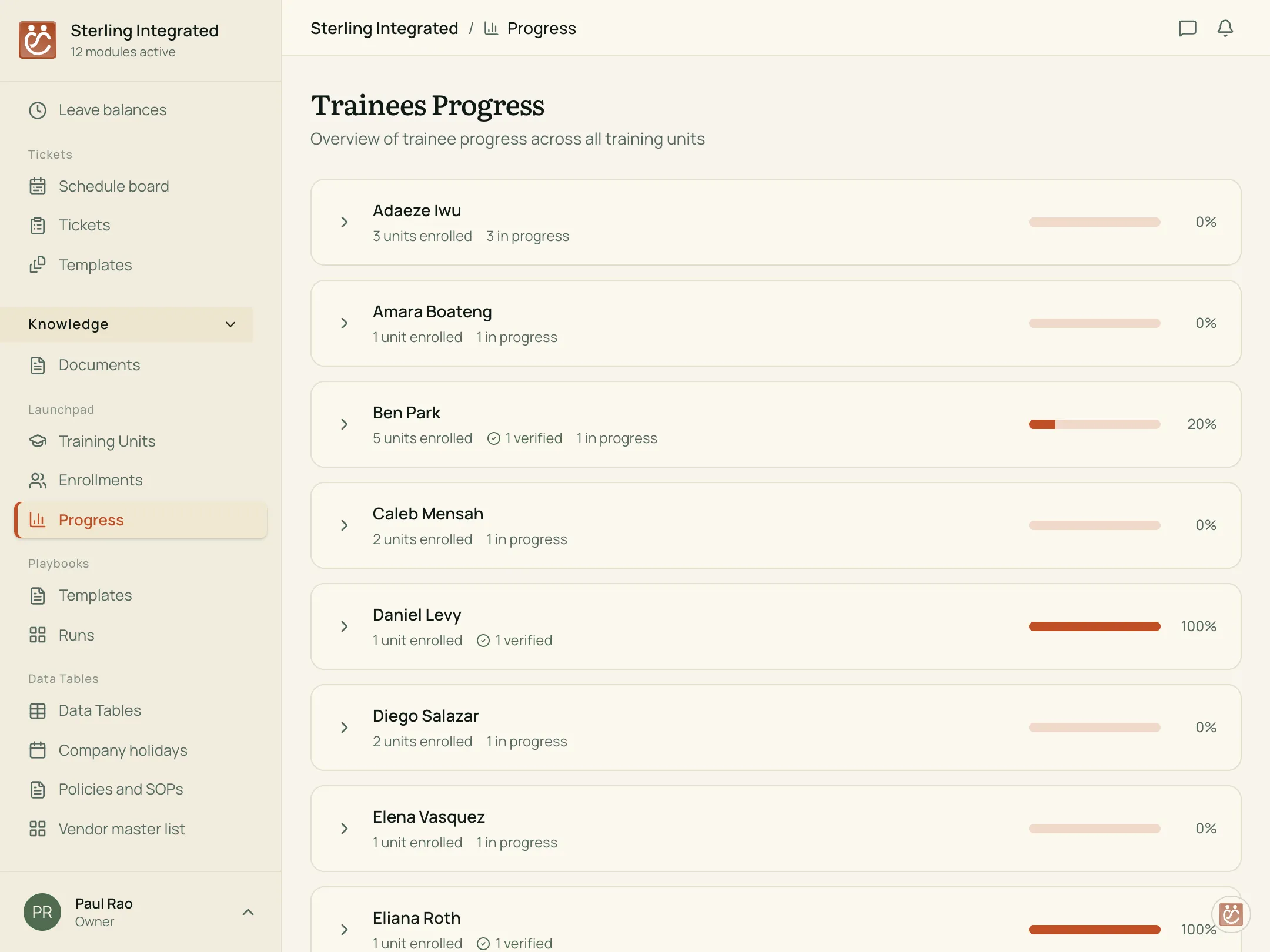 Launchpad — trainee progress dashboard with per-person completion bars across the team.