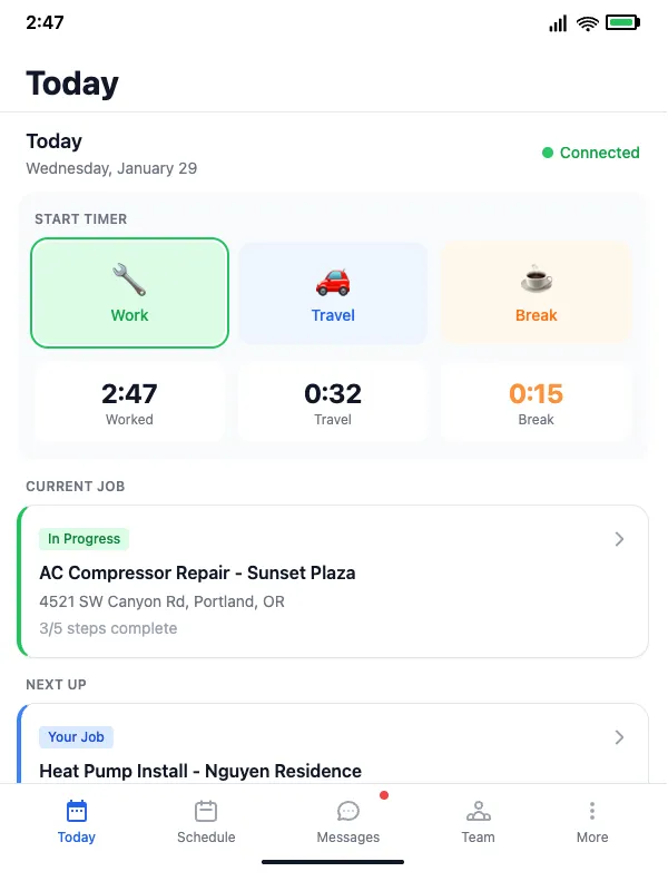 Field Service App Today view with a running work timer and the current job card.