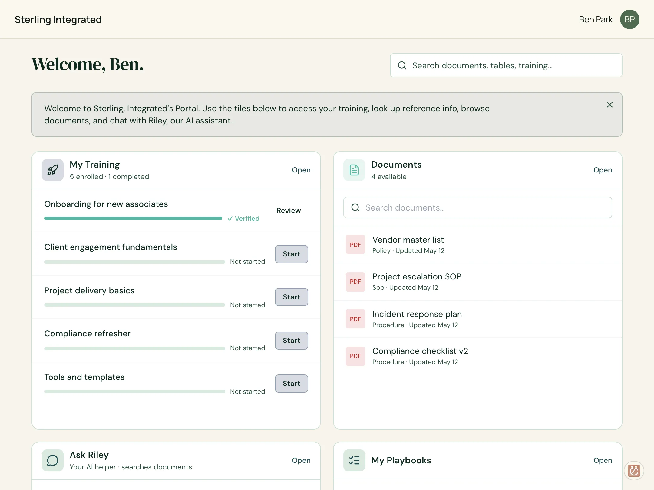 Platforms Portal — a client-facing welcome with training, documents, Riley, and playbooks all in one place.