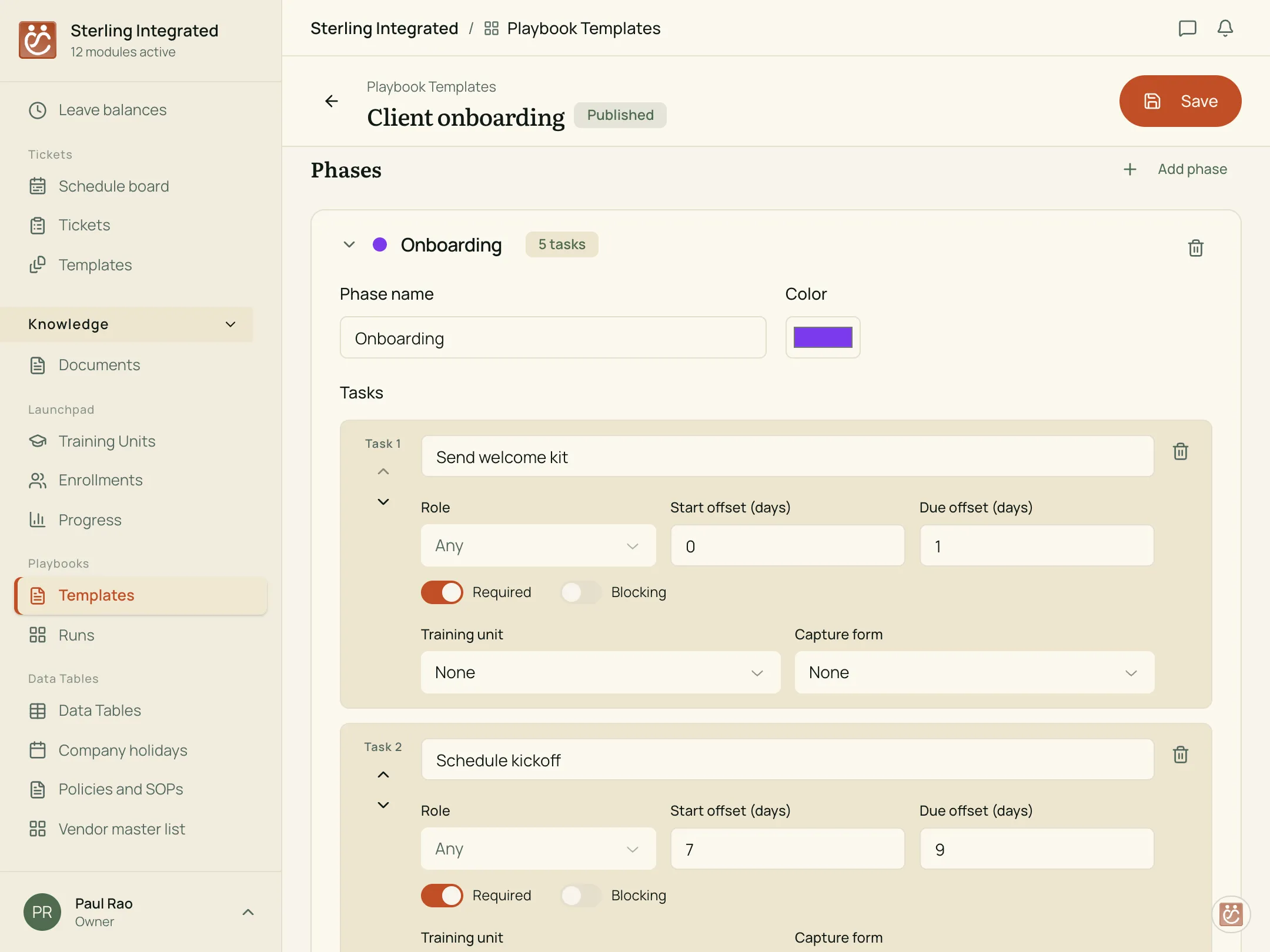 Playbooks — the client-onboarding template builder, phases and tasks laid out.